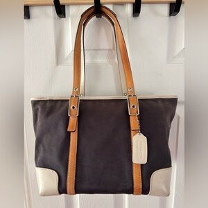 Coach VINTAGE Y2K M23-7577 Hamptons Weekend Navy Twill/Leather Shoulder Tote EUC